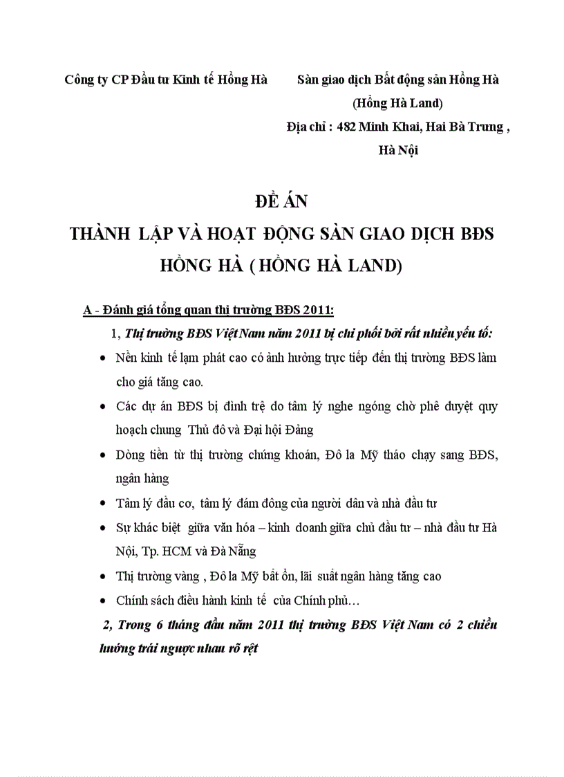 Đề án thành lập và hoạt động sàn giao dịch BĐS Hồng Hà Hồng Hà LAND