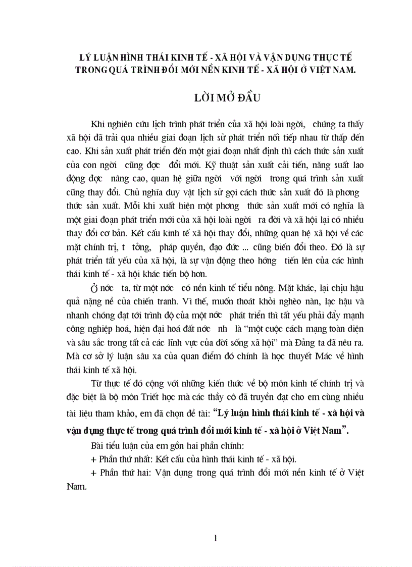 Lý luận hình thái kinh tế xã hội và vận dụng thực tế trong quá trình đổi mới nền kinh tế xã hội ở Việt Nam