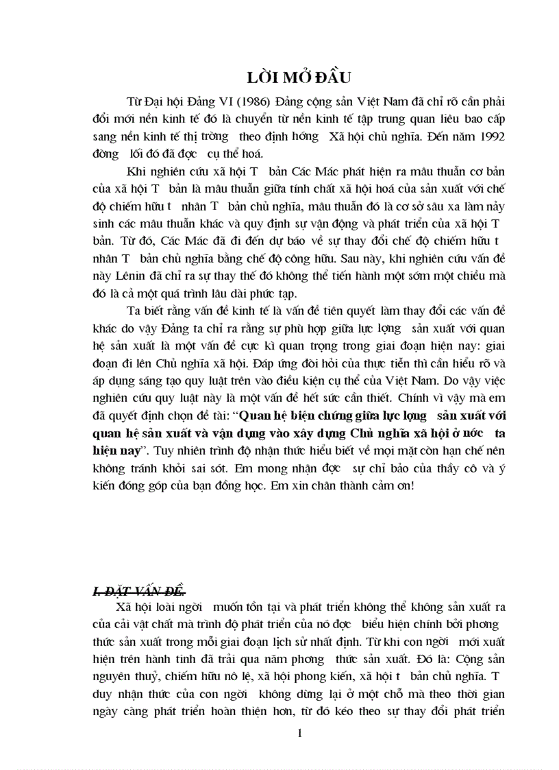 Quan hệ biện chứng giữa lực lượng sản xuất với quan hệ sản xuất và vận dụng vào xây dựng Chủ nghĩa xã hội ở nước ta hiện nay 1