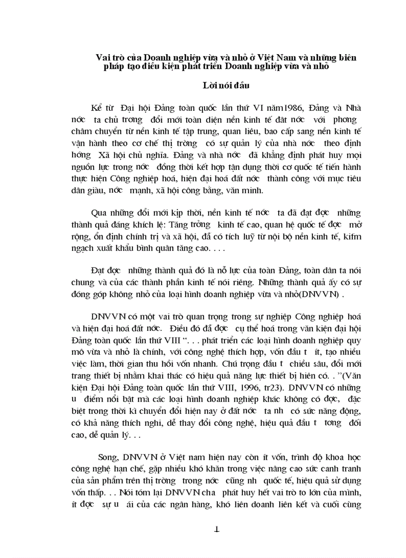 Vai trò của doanh nghiệp vừa và nhỏ ở Việt Nam và những biên pháp tạo điều kiện phát triển doanh nghiệp vừa và nhỏ