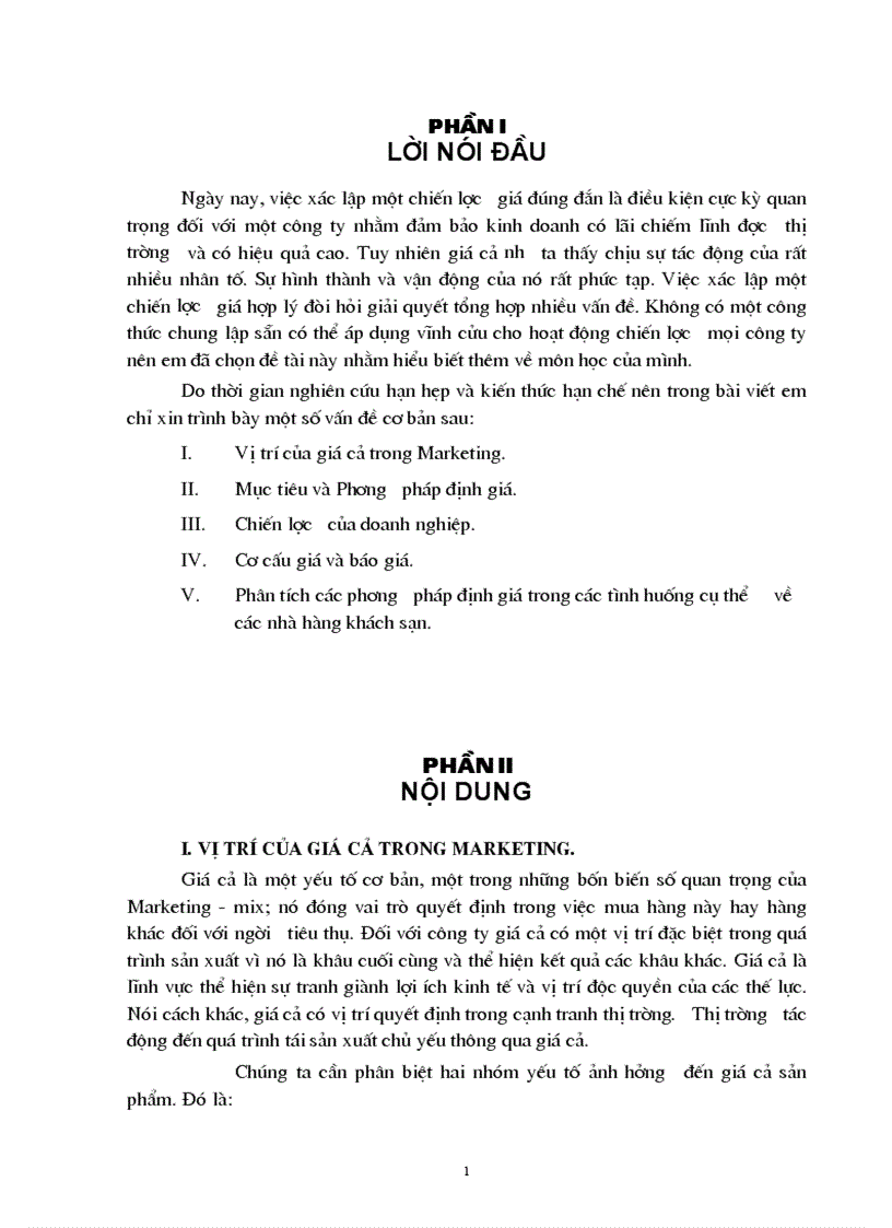 Phân tích các phương pháp định giá trong các tình huống cụ thể về các nhà hàng khách sạn
