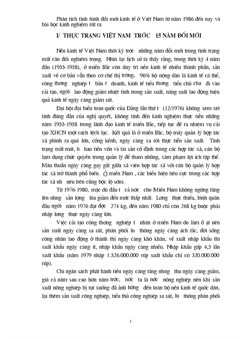 Phân tích tình hình đổi mới kinh tế ở Việt Nam từ năm 1986 đến nay và bài học kinh nghiệm rút ra