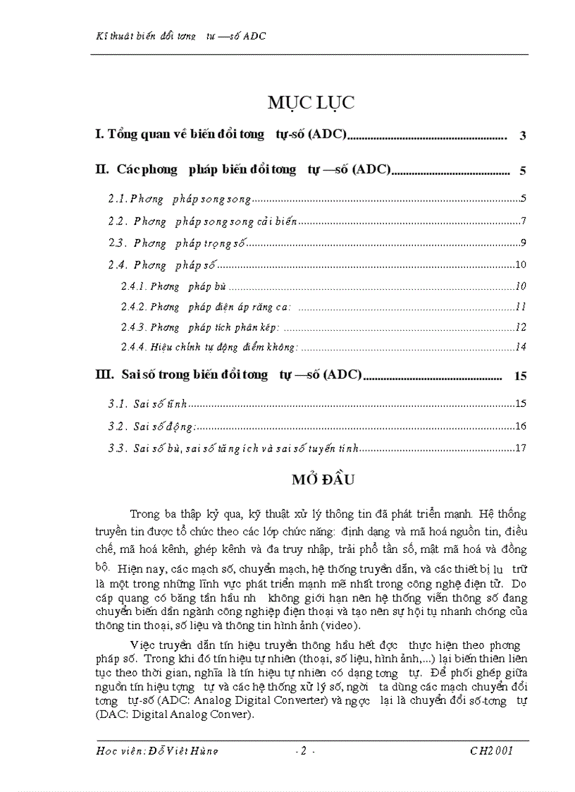 Lý thuyết tổng quan và phân tích các kĩ thuật biến đổi đồng thời đánh giá sai số trong biến đổi tương tự số ADC