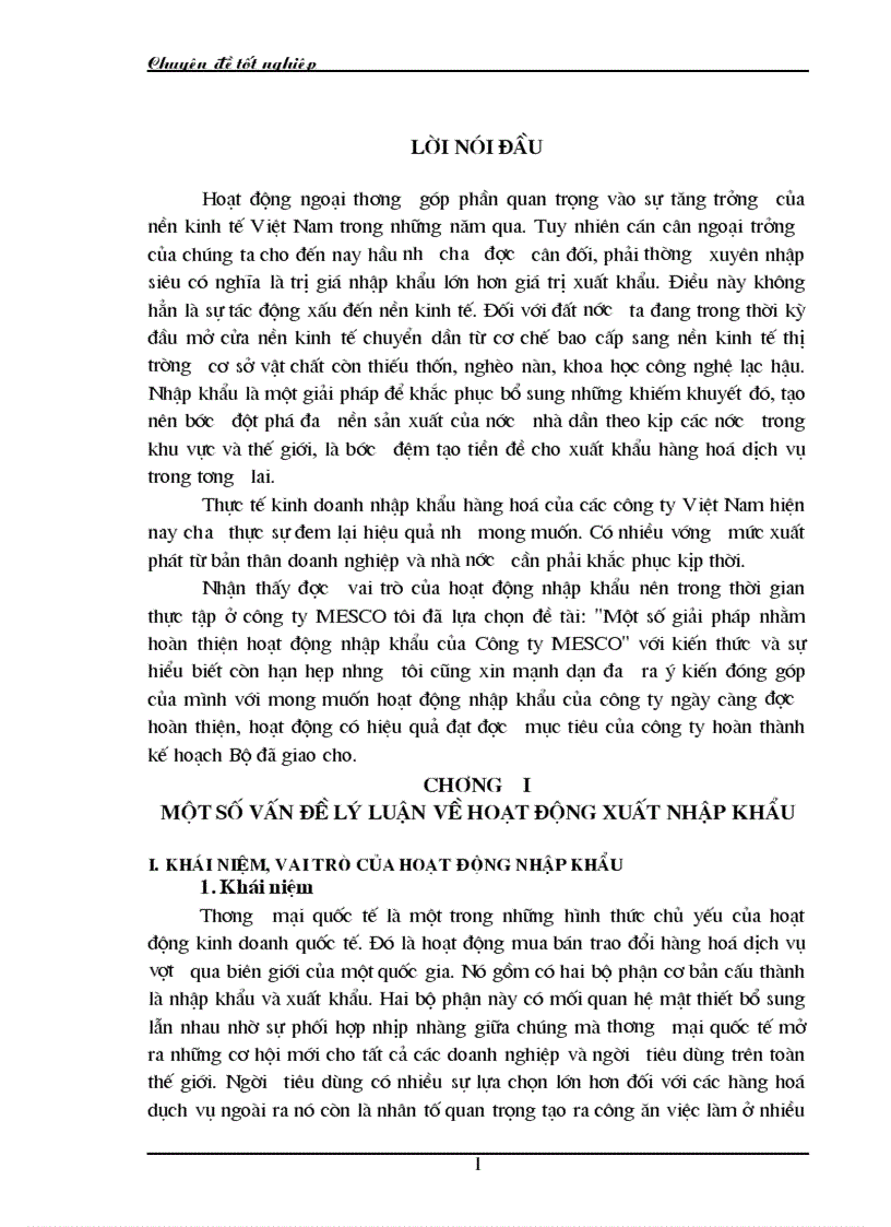 Một số giải pháp nhằm hoàn thiện hoạt động nhập khẩu của Công ty MESCO 1
