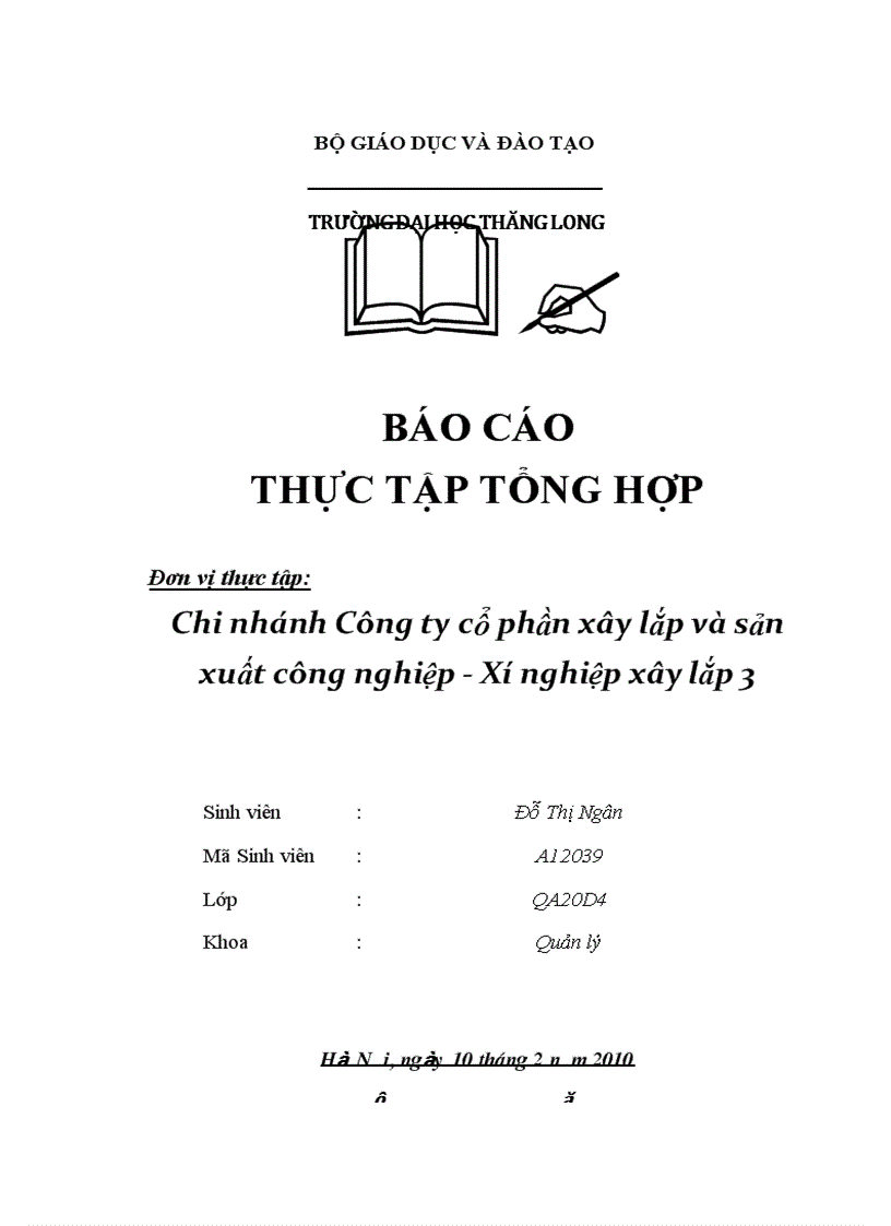 Báo cáo thực tập tổng hợp tại Chi nhánh Công ty cổ phần xây lắp và sản xuất công nghiệp Xí nghiệp xây lắp 3