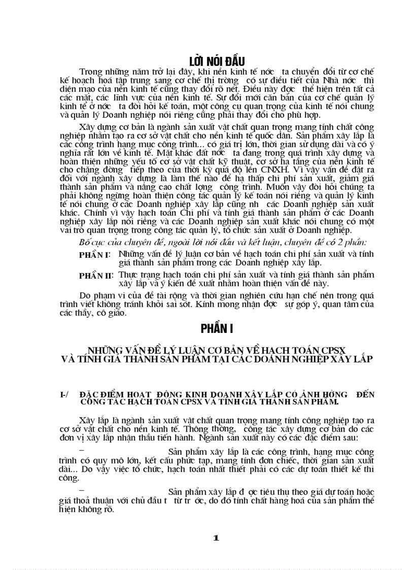 Thực trạng hạch toán chi phí sản xuất và tính giá thành sản phẩm xây lắp và ý kiến đề xuất nhằm hoàn thiện vấn đề này 1