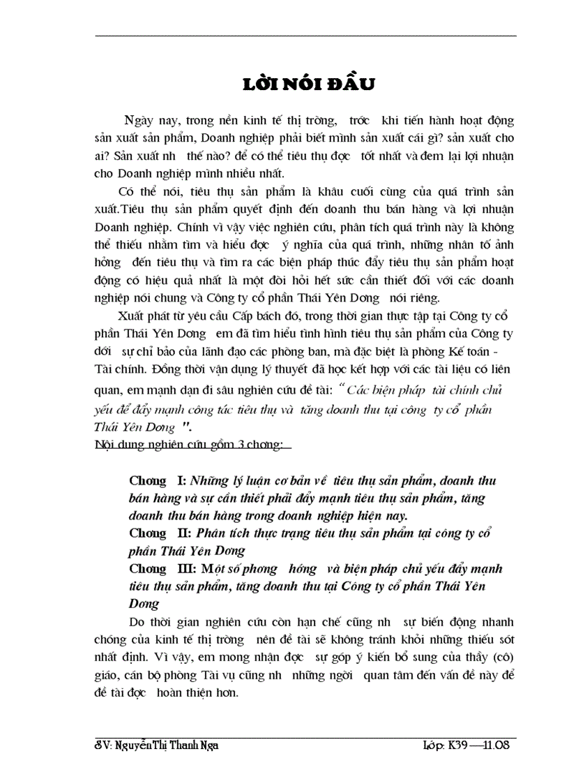 Các biện pháp tài chính chủ yếu để đẩy mạnh công tác tiêu thụ và tăng doanh thu tại công ty cổ phần Thái Yên Dương 1