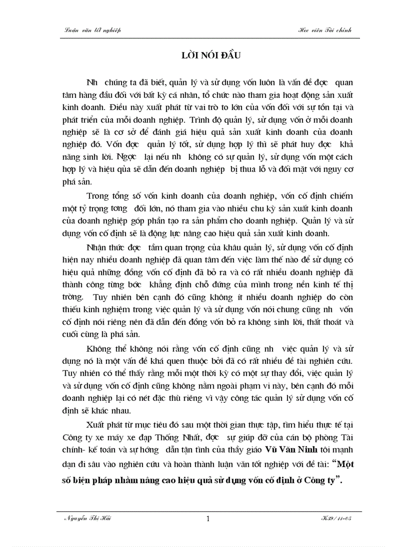 Một số biện pháp nhằm nâng cao hiệu quả sử dụng vốn cố định ở Công ty 1