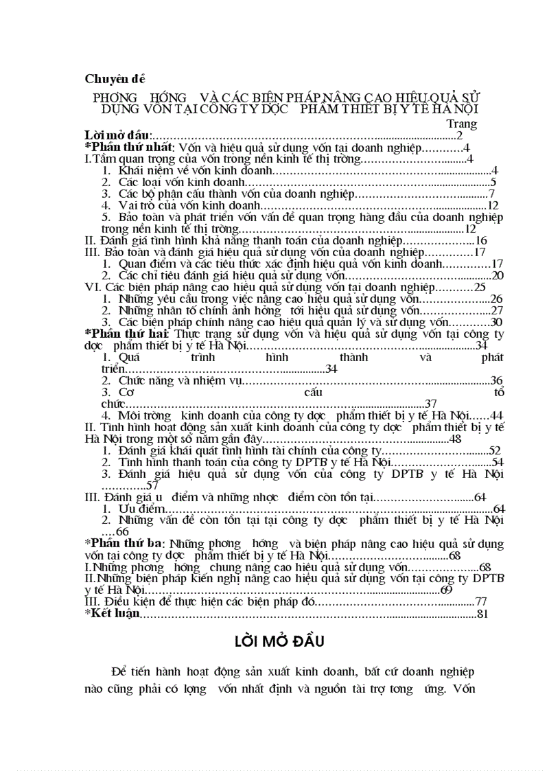 Phương hướng và các biện pháp nâng cao hiệu quả sử dụng vốn tại công ty dược phẩm thiết bị y tế Hà Nội 1