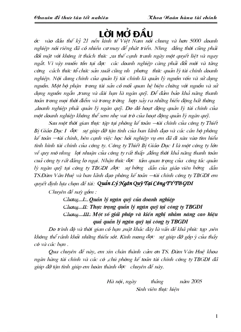 Một số giải pháp và kiến nghị nhằm nâng cao hiệu quả quản lý ngân quỹ tại công ty TBGDI
