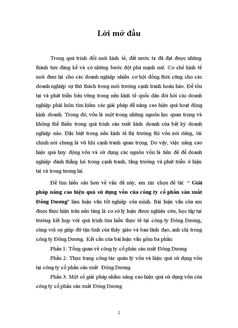 Giải pháp nâng cao hiệu quả sử dụng vốn của công ty cổ phần sản xuất Đông Dương 1