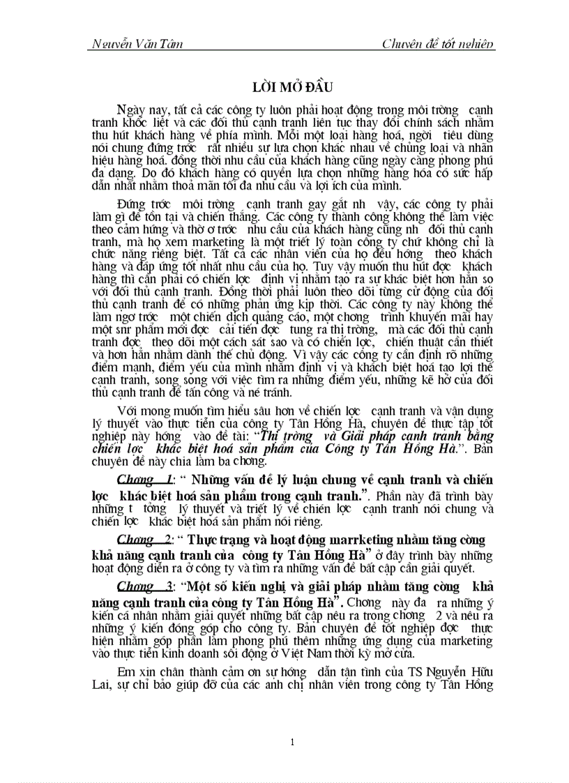 Thị trường và Giải pháp cạnh tranh bằng chiến lược khác biệt hoá sản phẩm của Công ty Tân Hồng Hà 1