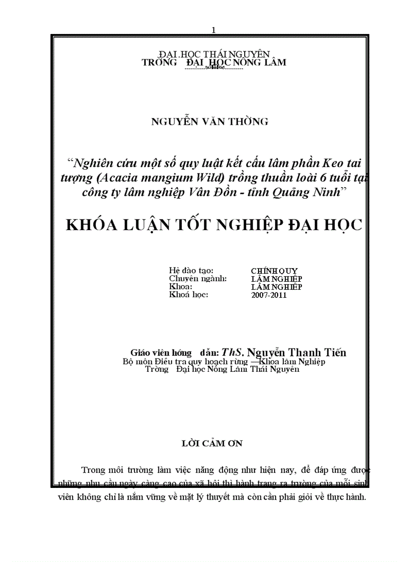 Nghiên cứu một số quy luật kết cấu lâm phần Keo tai tượng Acacia mangium Wild trồng thuần loài 6 tuổi tại công ty lâm nghiệp Vân Đồn tỉnh Quảng Ninh 1