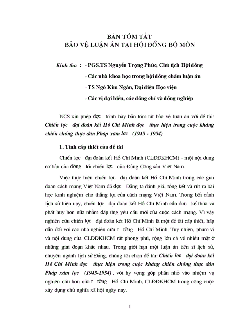 Bản tóm tắt bảo vệ luận án tại hội đồng bộ môn với đề tài Chiến lược đại đoàn kết Hồ Chí Minh được thực hiện trong cuộc kháng chiến chống thực dân Pháp xâm lược 1945 1954