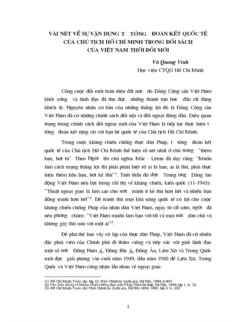 Vài nét về sự vận dụng tư tưởng đoàn kết quốc tế của Chủ tịch Hồ Chí Minh trong đối sách của Việt Nam thời đổi mới 1
