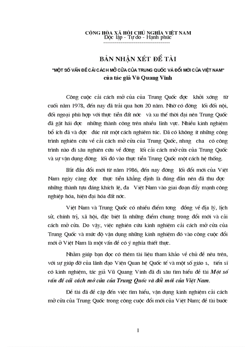 Bản nhận xét đề tài Một số vấn đề cải cách mở cửa của Trung Quốc và đổi mới của Việt Nam