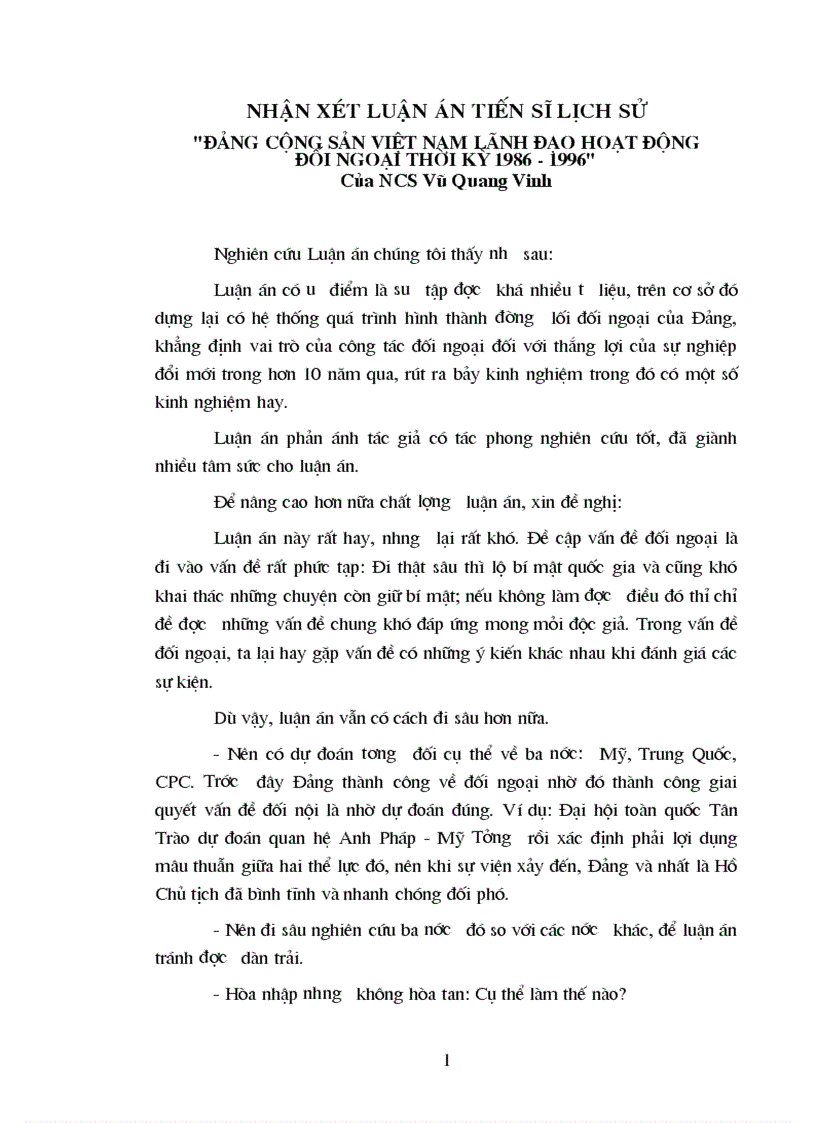 Nhận xét luận án tiến sĩ lịch sử Đảng Cộng sản Việt Nam lãnh đạo hoạt động đối ngoại thời kỳ 1986 1996