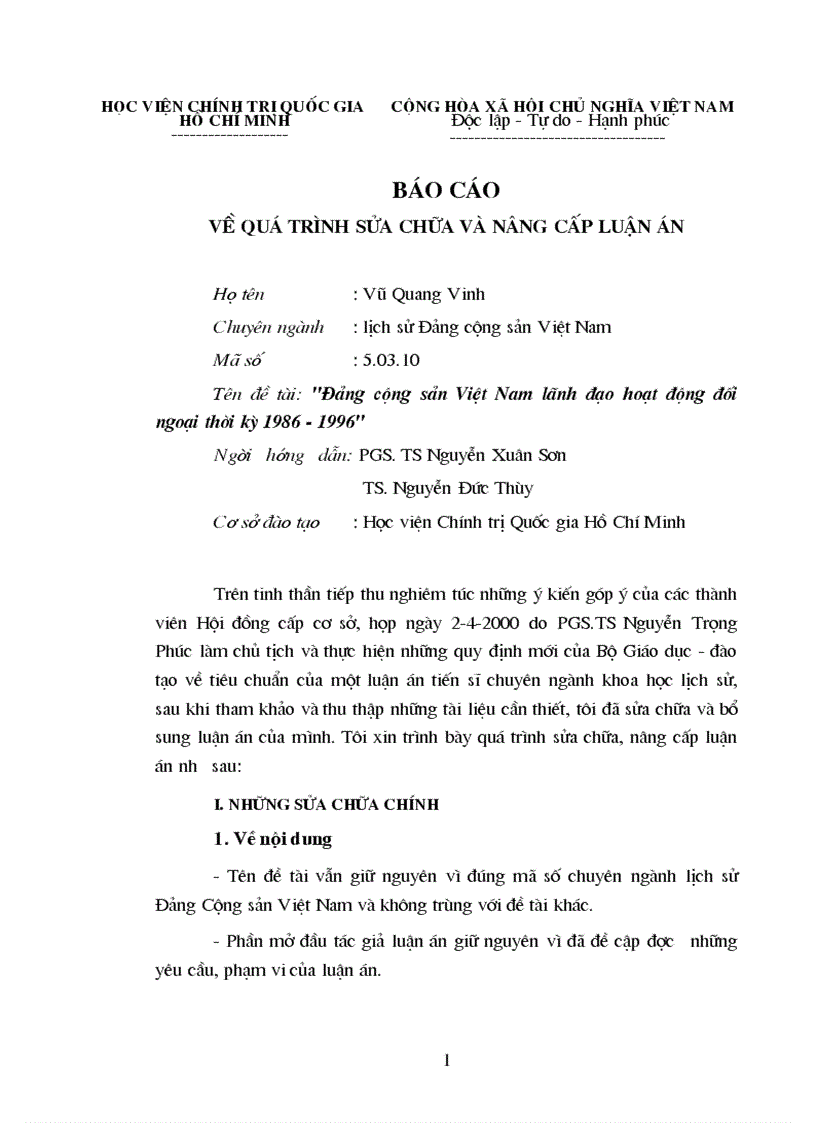 Báo cáo về quá trình sửa chữa và nâng cấp luận án với đề tài Đảng cộng sản Việt Nam lãnh đạo hoạt động đối ngoại thời kỳ 1986 1996