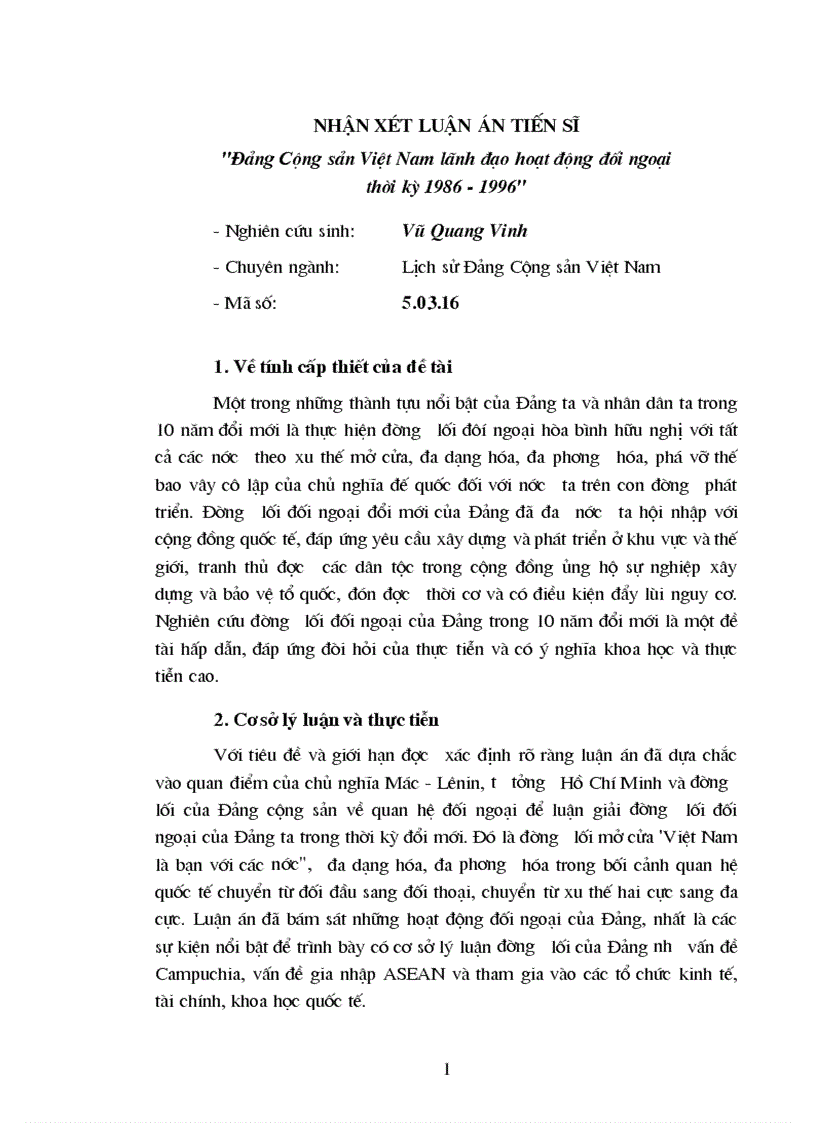 Nhận xét luận án tiến sĩ Đảng Cộng sản Việt Nam lã nh đạo hoạt động đối ngoại thời kỳ 1986 1996