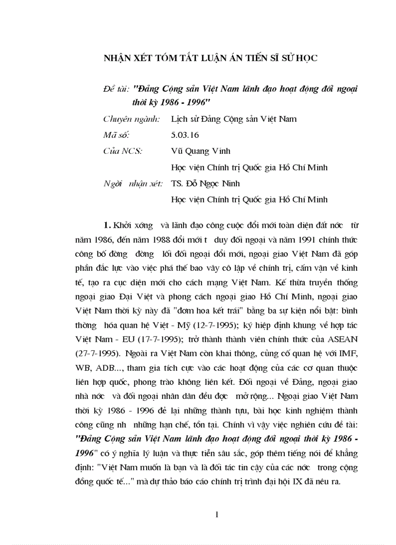 Nhận xét tóm tắt luận án tiến sĩ sử học về đề tài Đảng Cộng sản Việt Nam lãnh đạo hoạt động đối ngoại thời kỳ 1986 1996