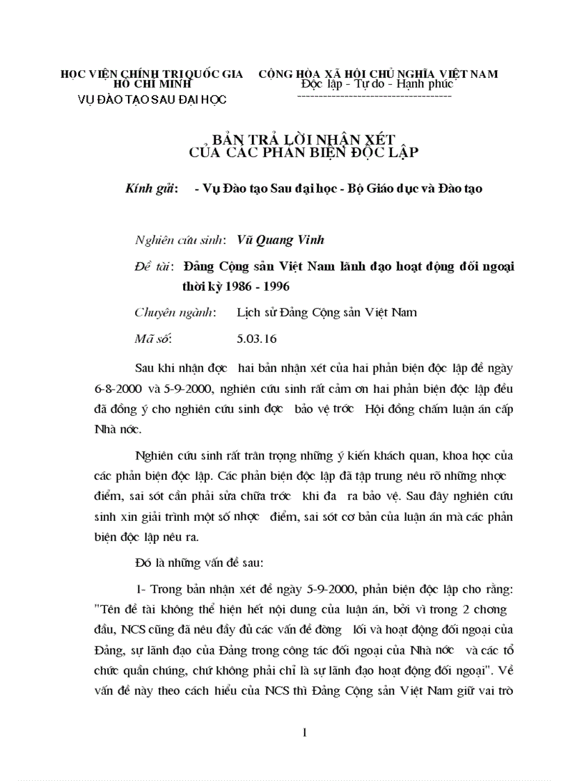 Bản trả lời nhận xét của các phản biện độc lập với đề tài Đảng Cộng sản Việt Nam l nh đạo hoạt động đối ngoại thời kỳ 1986 1996