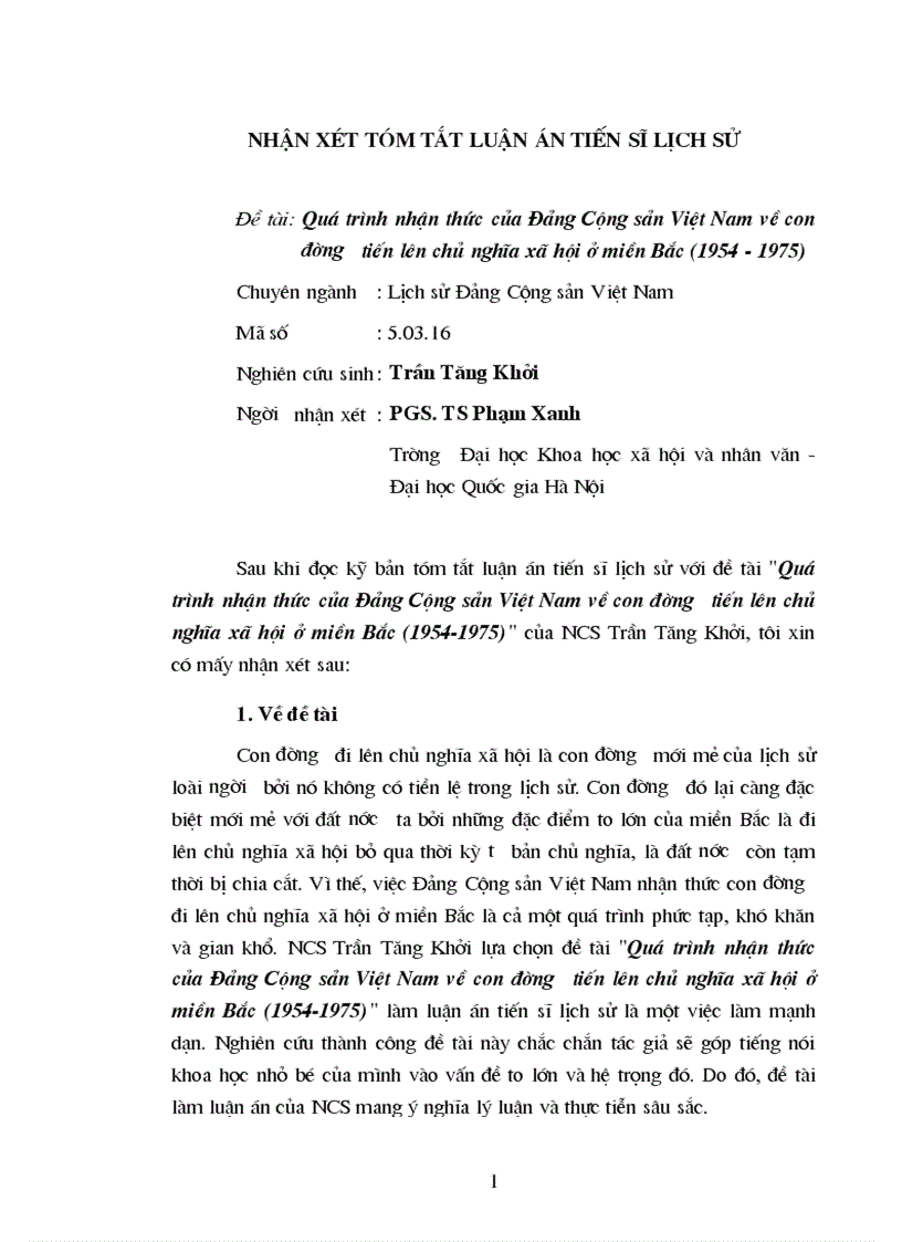 Nhận xét tóm tắt luận án tiến sĩ lịch sử với đề tài Quá trình nhận thức của Đảng Cộng sản Việt Nam về con đường tiến lên chủ nghĩa xã hội ở miền Bắc 1954 1975