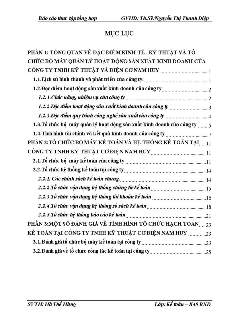 Đặc điểm kinh tế kỹ thuật và tổ chức bộ máy quản lý hoạt động sản xuất kinh doanh của Công ty TNHH Kỹ thuật và Điện cơ Nam Huy