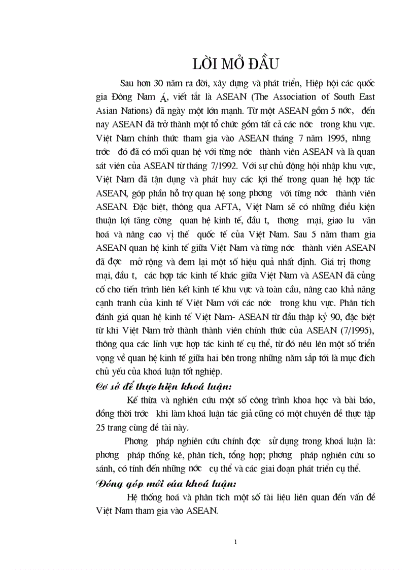 Thực trạng quan hệ kinh tế Việt Nam ASEAN từ 1990 đến nay
