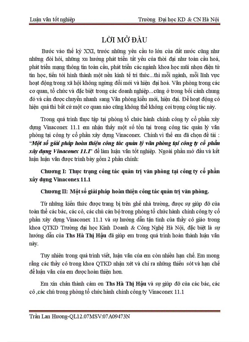 Một số giải pháp hoàn thiện công tác quản lý văn phòng tại công ty cổ phần xây dựng Vinaconex 11