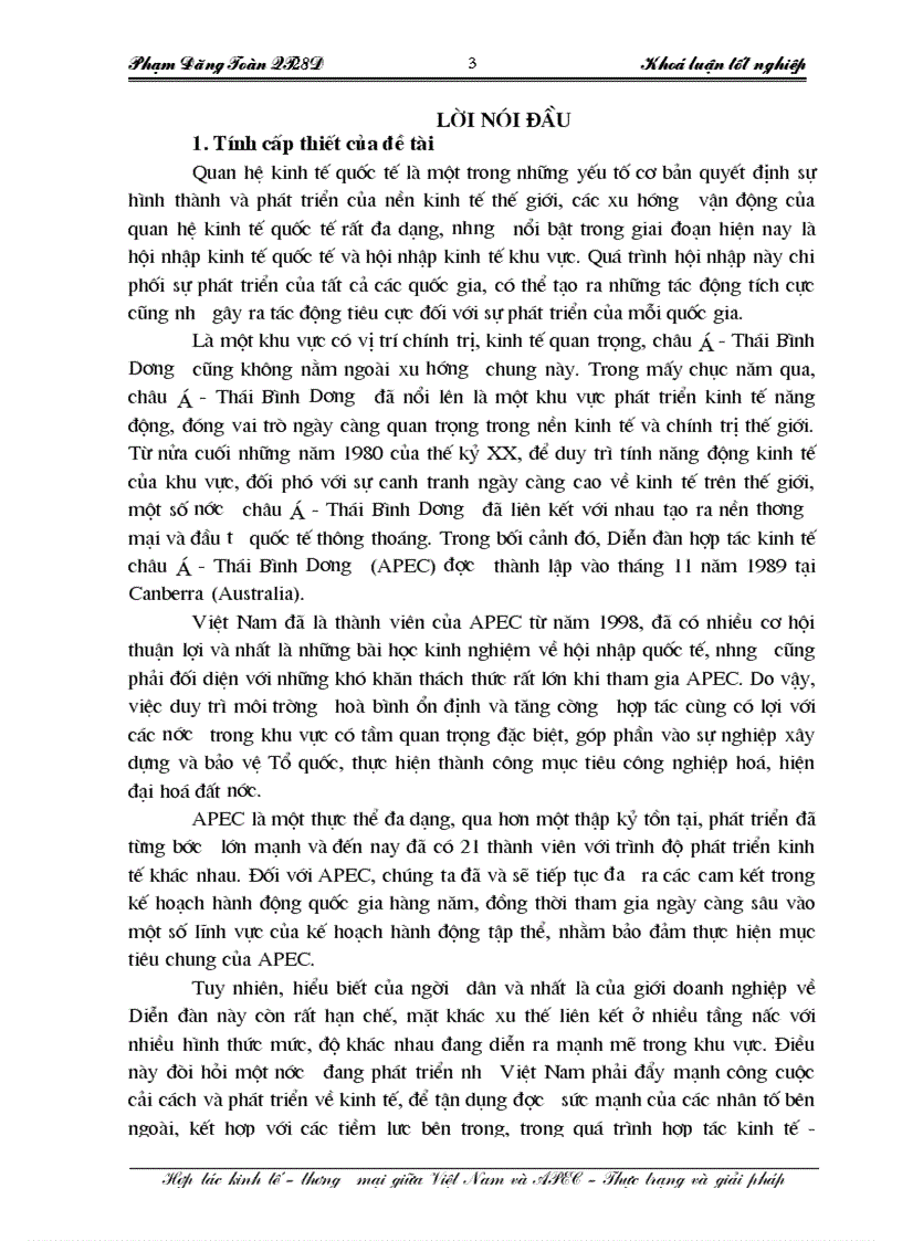 Hợp tác kinh tế thương mại giữa Việt Nam và APEC ơơ thực trạng và giải pháp