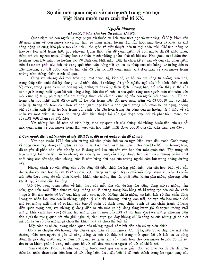 Sự đổi mới quan niệm về con người trong văn học Việt Nam mười năm cuối thế kỉ XX
