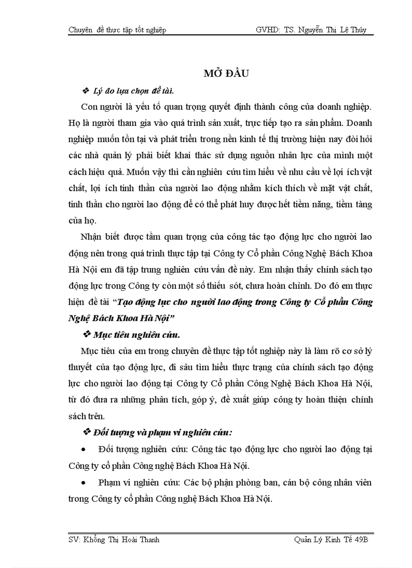 Tạo động lực cho người lao động trong Công ty Cổ phần Công Nghệ Bách Khoa Hà Nội 1