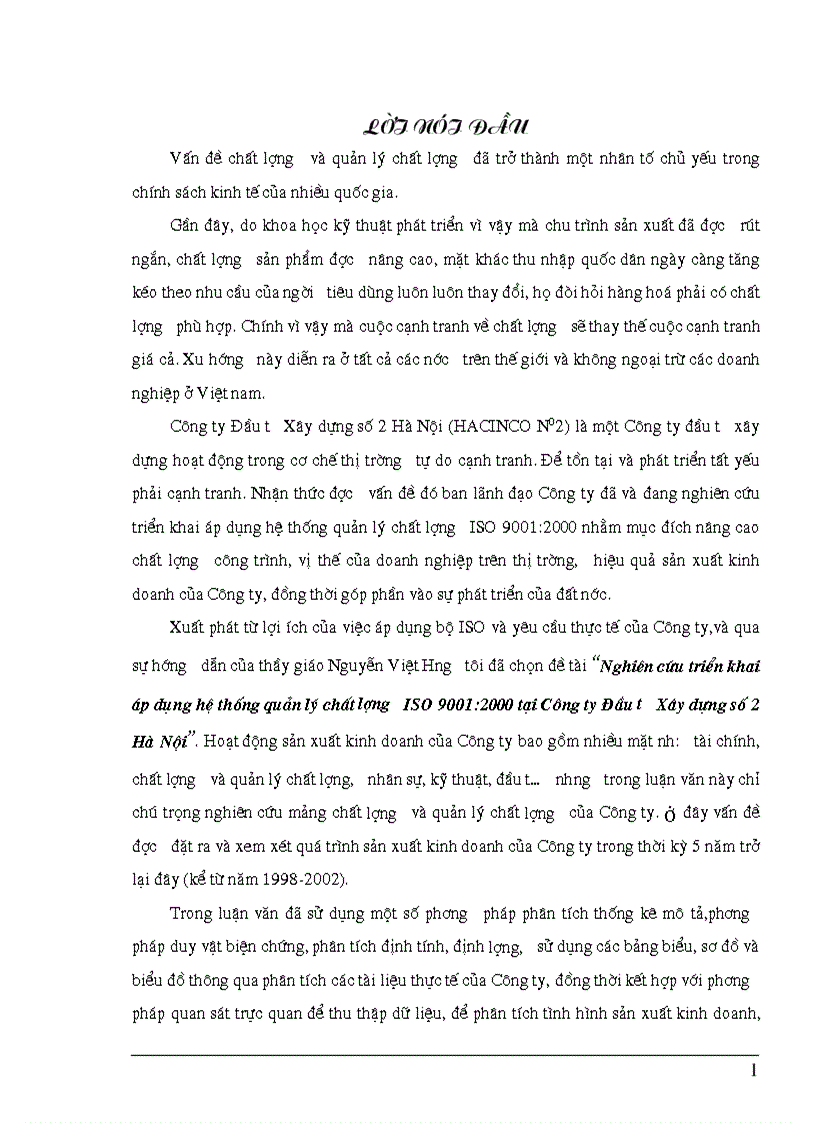 Nghiên cứu triển khai áp dụng hệ thống quản lý chất lượng ISO 9001 2000 tại Công ty Đầu tư Xây dựng số 2 Hà Nội 1
