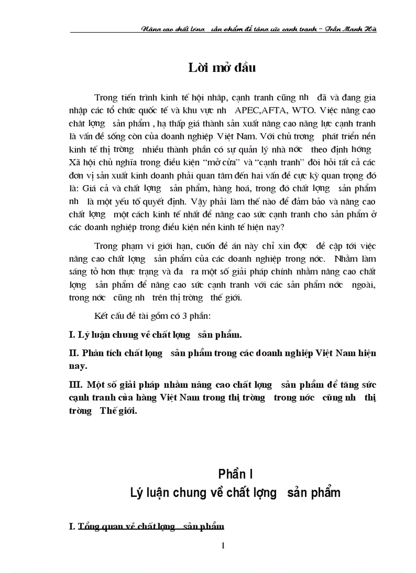 Một số giải pháp nhằm nâng cao chất lượng sản phẩm để tăng sức cạnh tranh của hàng Việt Nam trong thị trường trong nước cũng như thị trường Thế giới