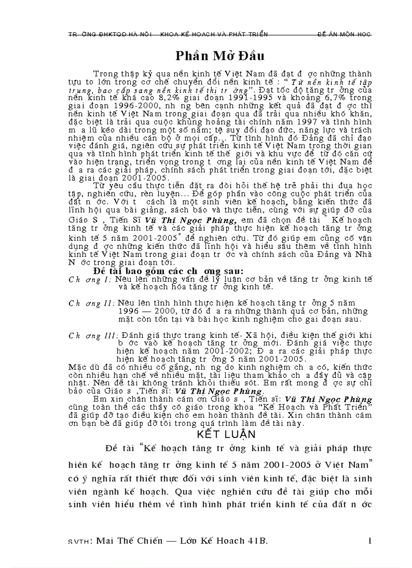Kế hoạch tăng trưởng kinh tế và các giải pháp thực hiện kế hoạch tăng trưởng kinh tế 5 năm 2001 2005 1