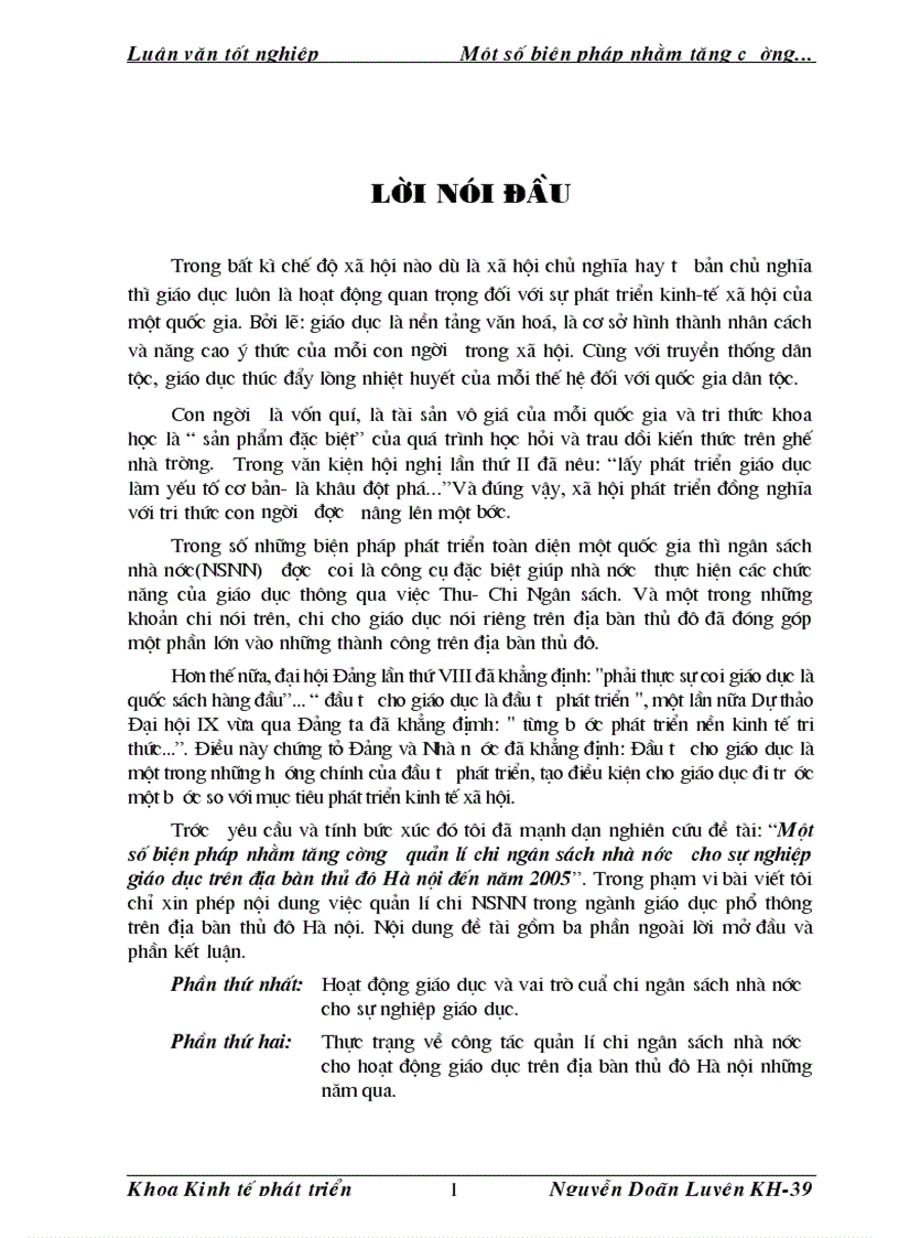 Một số biện pháp nhằm tăng cường quản lí chi ngân sách nhà nước cho sự nghiệp giáo dục trên địa bàn thủ đô Hà nội đến năm 2005 1