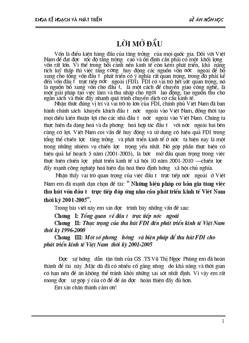 Những biện pháp cơ bản gia tăng việc thu hút vốn đầu tư trực tiếp đáp ứng nhu cầu phát triển kinh tế Việt Nam thời kỳ 2001 2005
