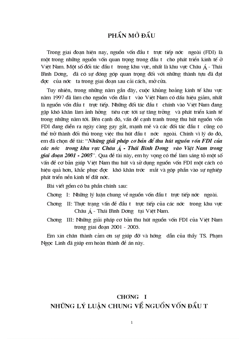 Những giải pháp cơ bản để thu hút nguồn vốn FDI của các nước trong khu vực Châu á Thái Bình Dương vào Việt Nam trong giai đoạn 2001 2005