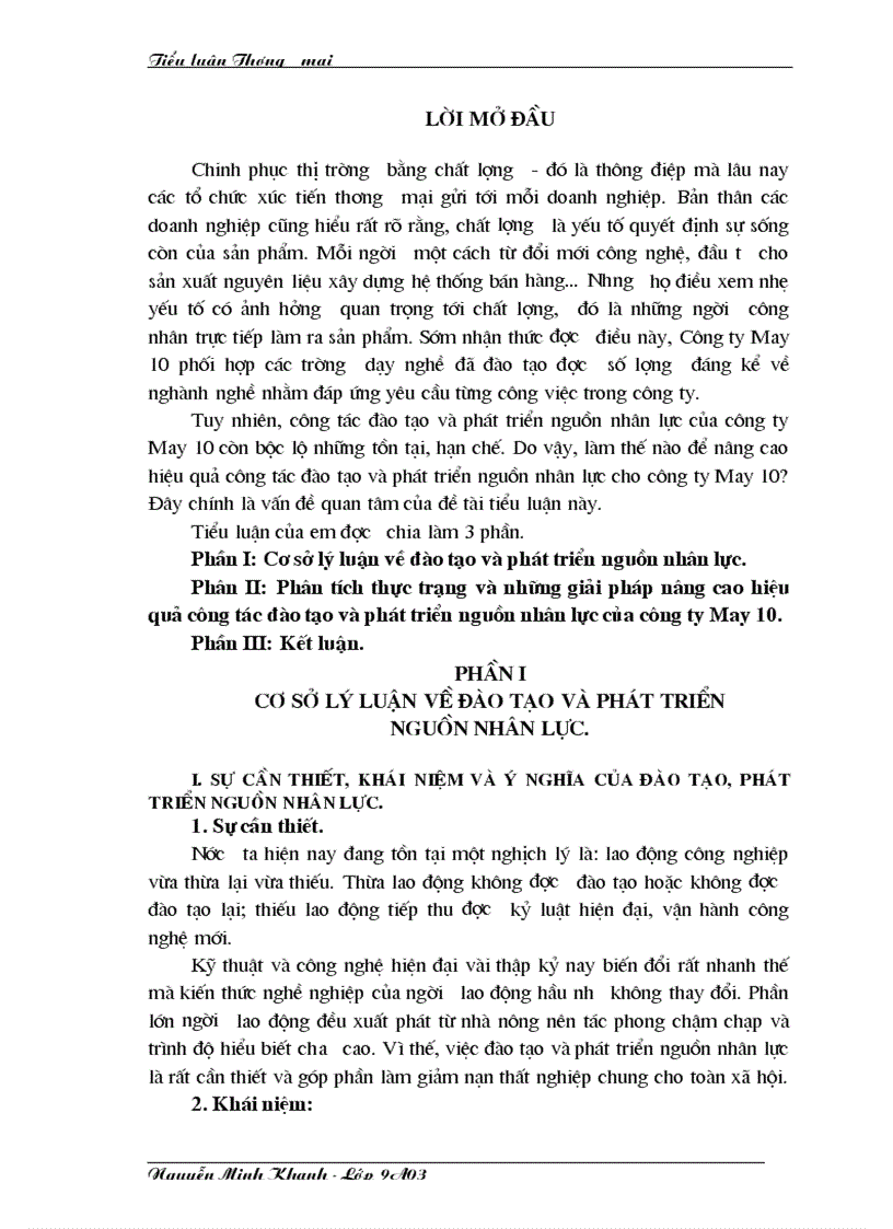 Phân tích thực trạng và những giải pháp nâng cao hiệu quả công tác đào tạo và phát triển nguồn nhân lực của công ty May 10