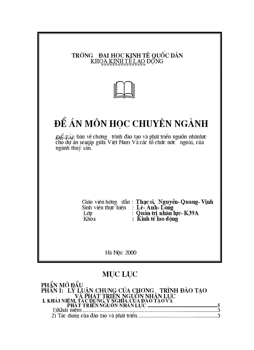 Đào tạo và phát triển nguồn nhânlực cho dự án seaqip giữa Việt Nam Và các tổ chức nước ngoài của ngành thuỷ sản