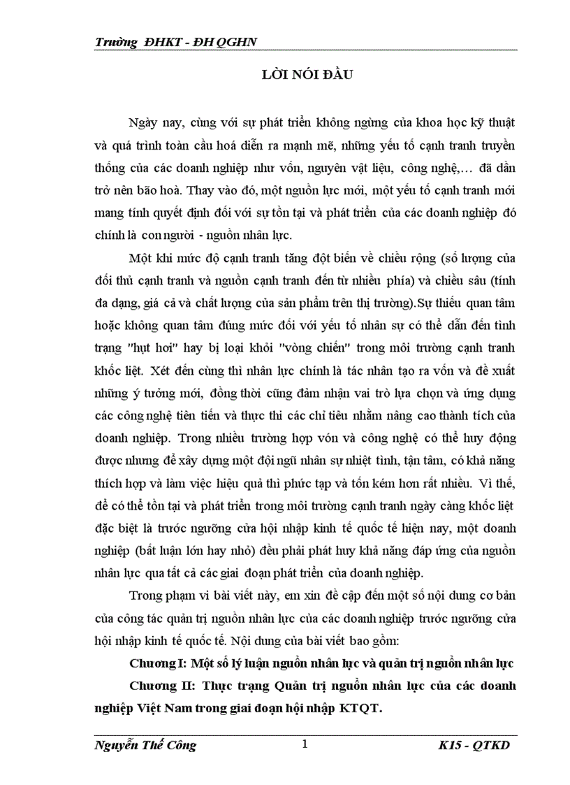 Thực trạng Quản trị nguồn nhân lực của các doanh nghiệp Việt Nam trong giai đoạn hội nhập KTQT 1