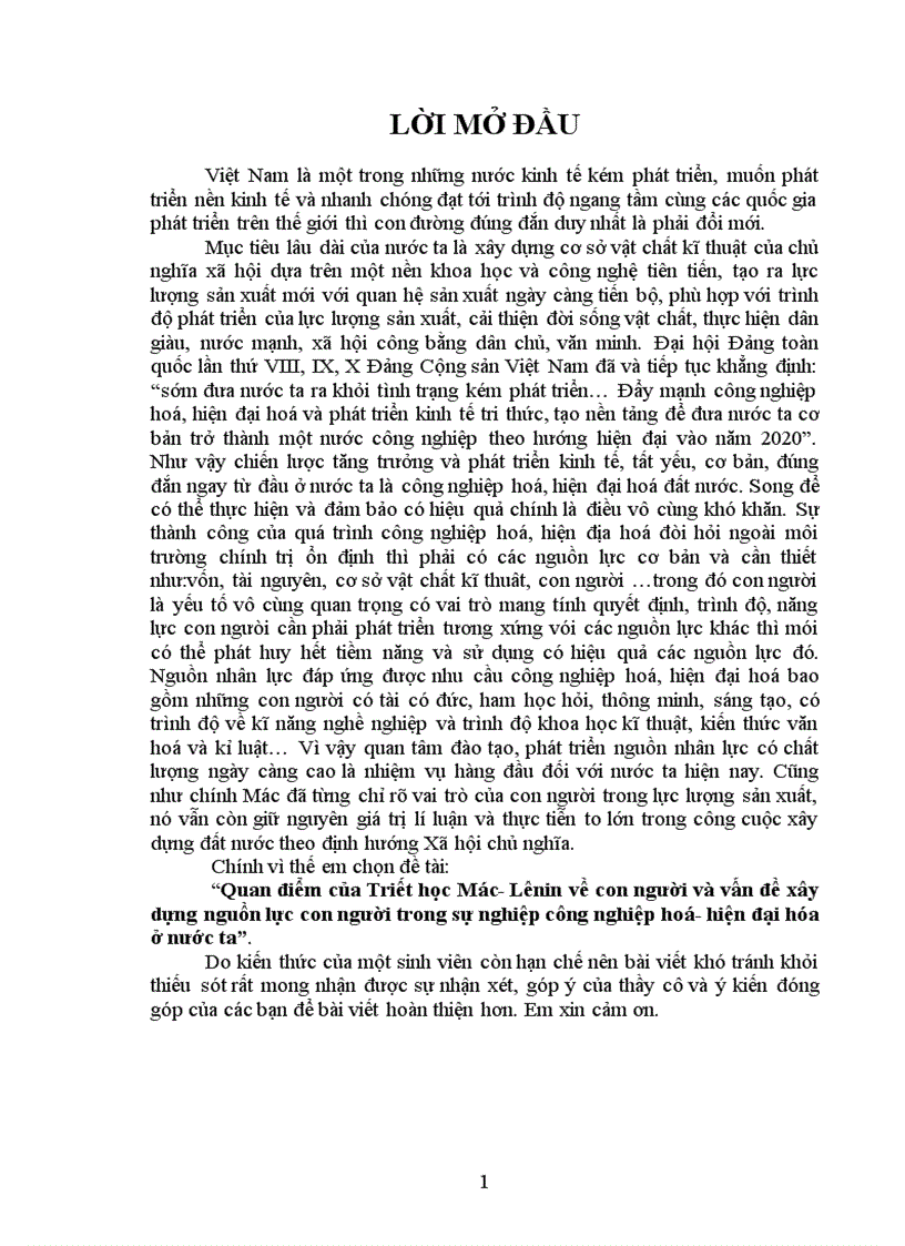 Quan điểm của Triết học Mác Lênin về con người và vấn đề xây dựng nguồn lực con người trong sự nghiệp công nghiệp hoá hiện đại hóa ở nước ta