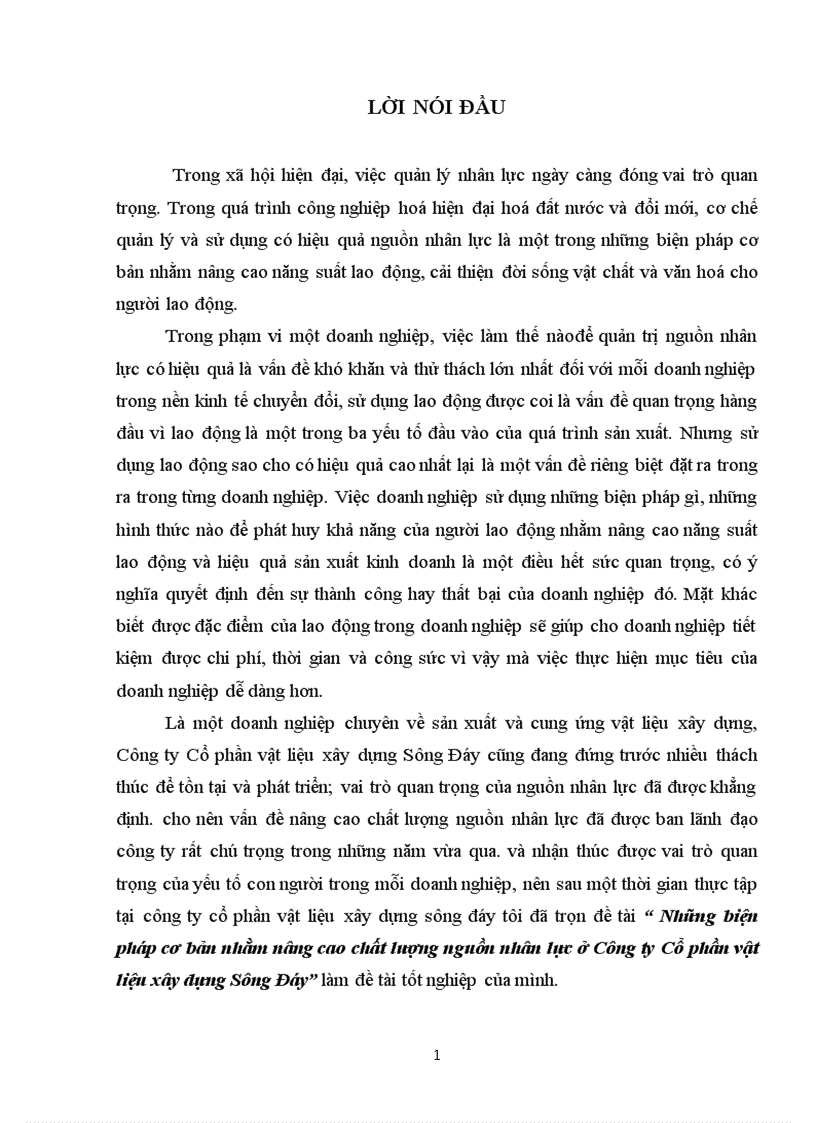 Những biện pháp cơ bản nhằm nâng cao chất lượng nguồn nhân lực ở Công ty Cổ phần vật liệu xây dựng Sông Đáy 1