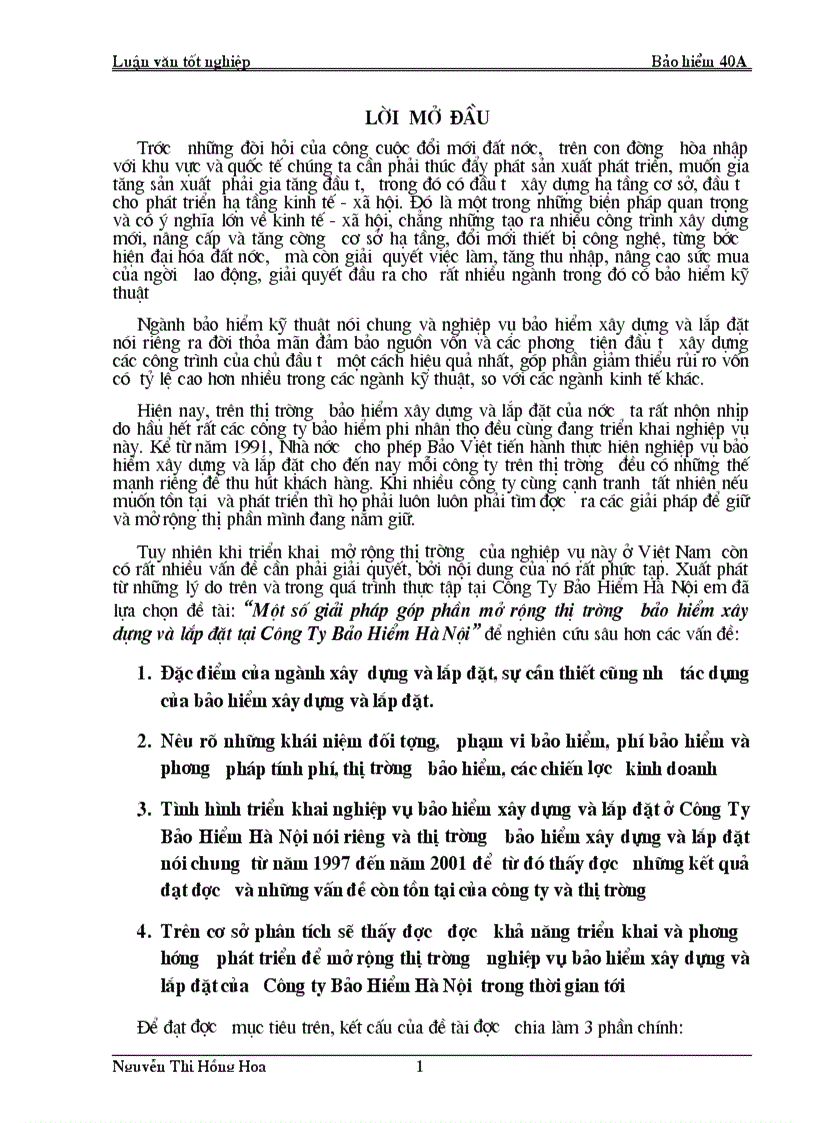 Một số giải pháp góp phần mở rộng thị trường bảo hiểm xây dựng và lắp đặt tại Công Ty Bảo Hiểm Hà Nội