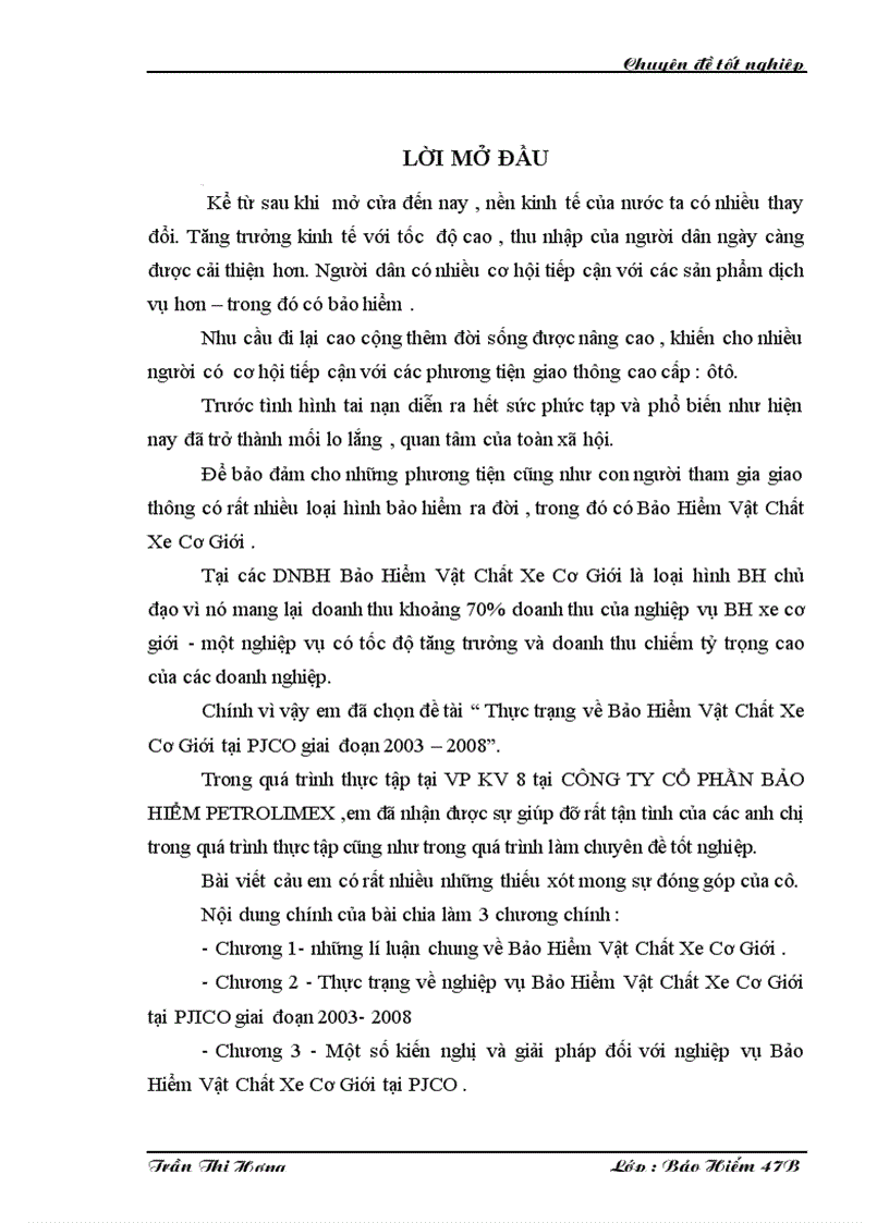 Thực trạng về nghiệp vụ Bảo Hiểm Vật Chất Xe Cơ Giới tại PJICO giai đoạn 2003 2008