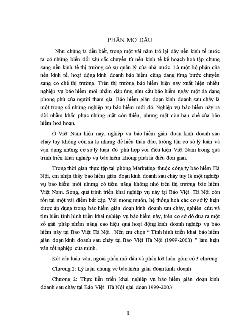 Tình hình triển khai bảo hiểm gián đoạn kinh doanh sau cháy tại Bảo Việt Hà Nội 1999 2003 1