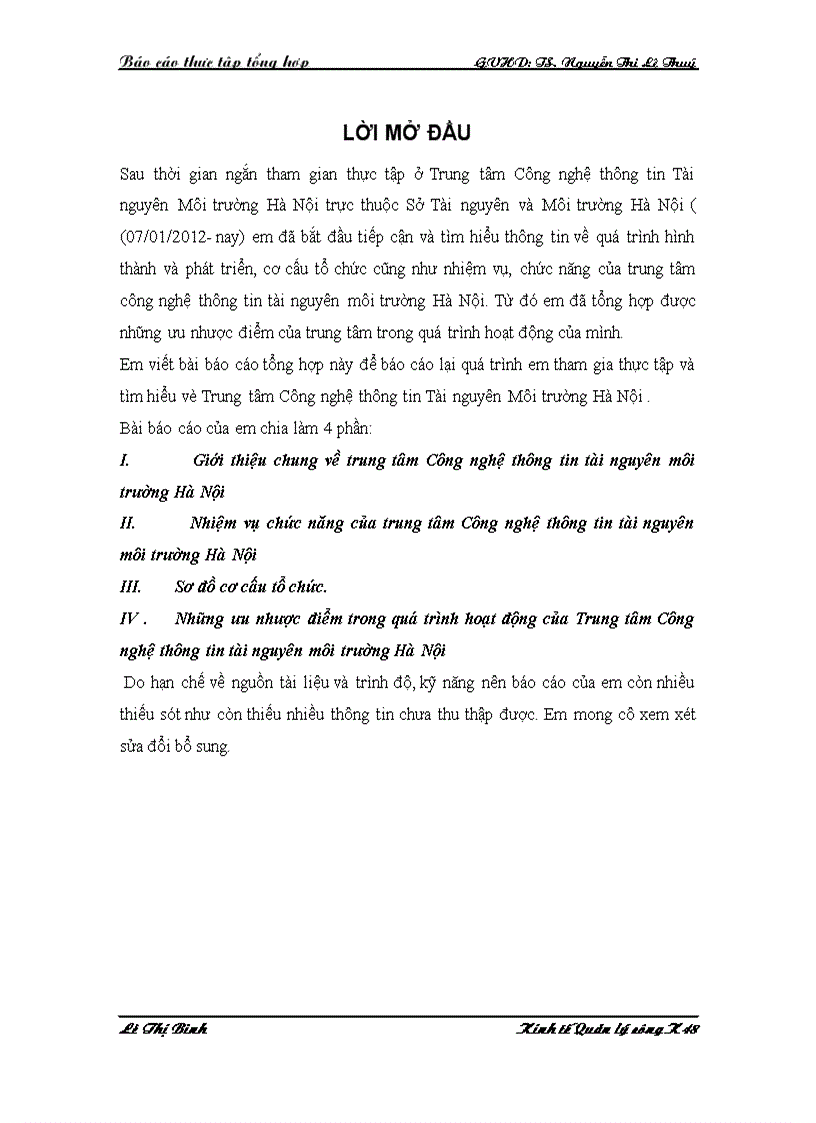 Những ưu nhược điểm trong quá trình hoạt động của Trung tâm Công nghệ thông tin tài nguyên môi trường Hà Nội