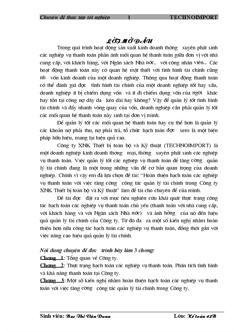 Hoàn thiện hạch toán các nghiệp vụ thanh toán với việc tăng cường công tác quản lý tài chính trong Công ty XNK Thiết bị toàn bộ và Kỹ thuật 1