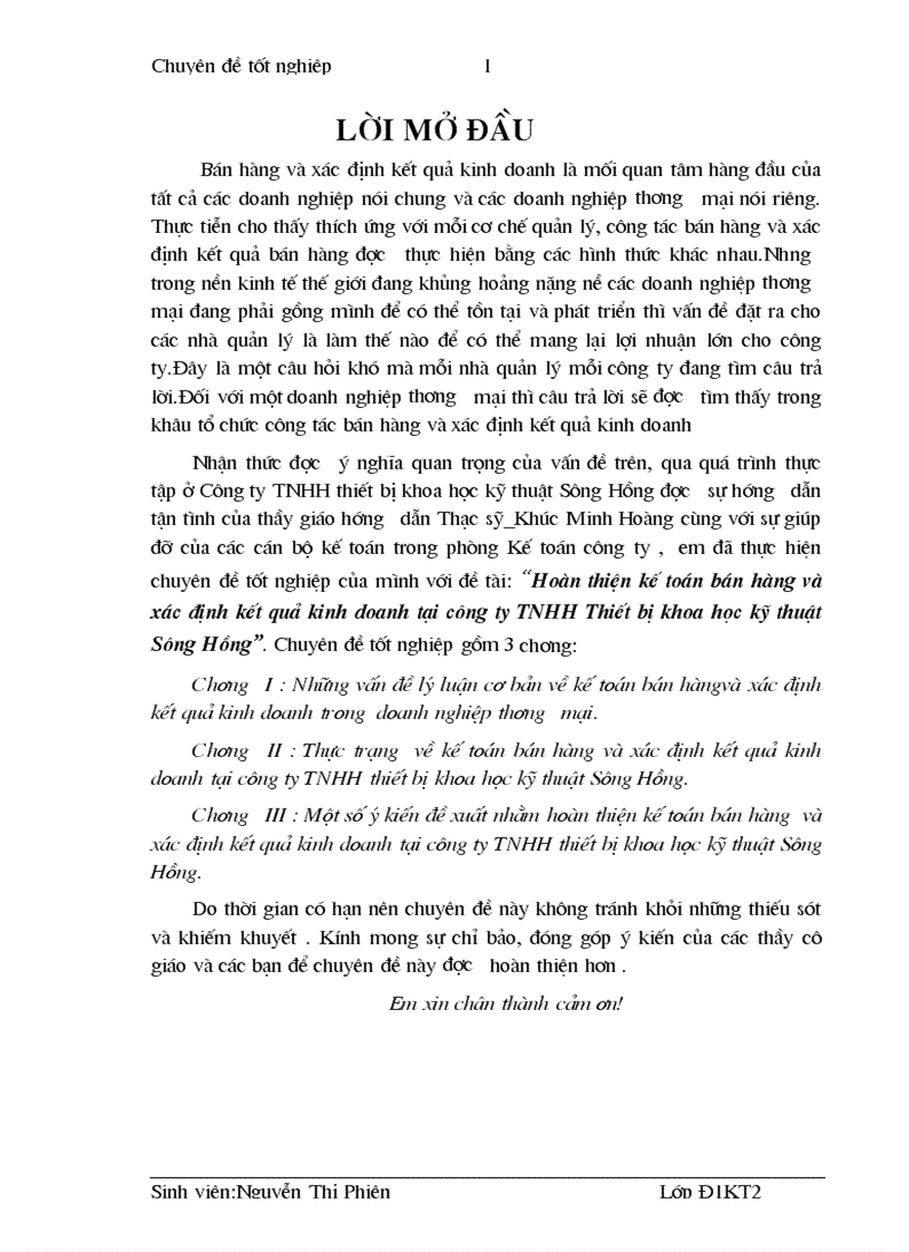 Hoàn thiện kế toán bán hàng và xác định kết quả kinh doanh tại công ty TNHH Thiết bị khoa học kỹ thuật Sông Hồng 1