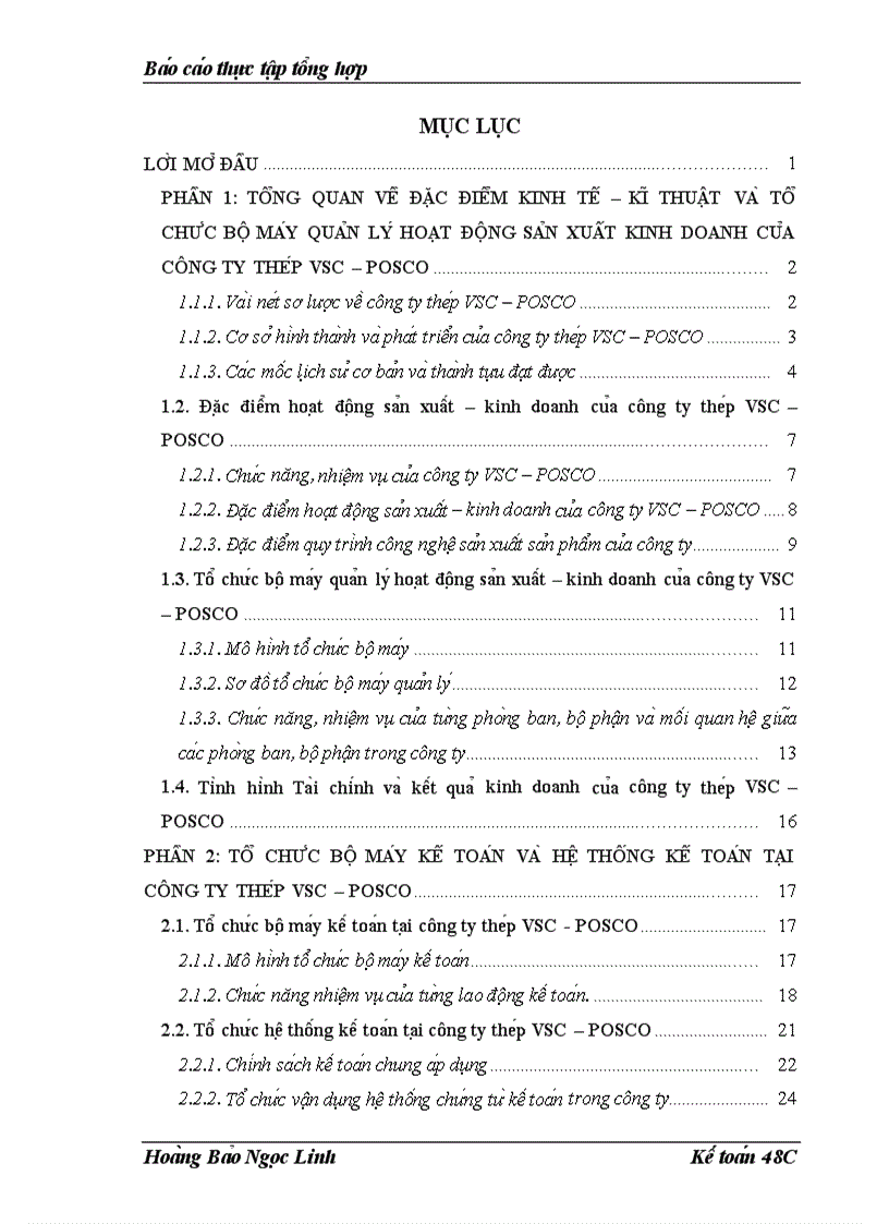 Một số đánh giá về tình hình tổ chức hạch toán kế toán tại công ty thép VSC POSCO và một số ý kiến nhằm hoàn thiện công tác tổ chức bộ máy kế toán và công tác kế toán tại công ty